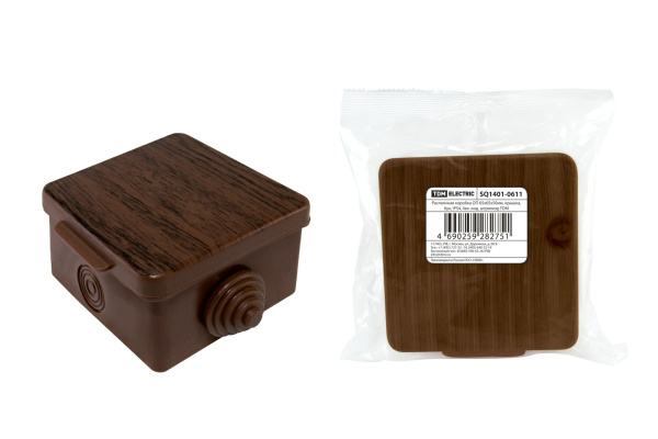 TDM Распаячная коробка ОП 65х65х50мм, крышка, "ЭКО" (венге), IP54, 4вх. инд. штрихкод SQ1401-0611