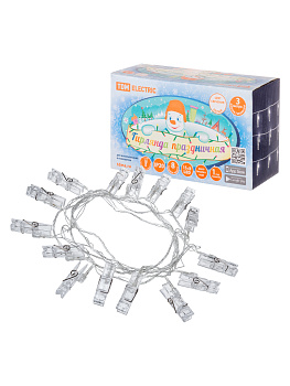 TDM Гирлянда светодиодная "Прищепки" 3 м, 15LED, белый, 8 режимов, 250 В, IP20, SQ0361-0093