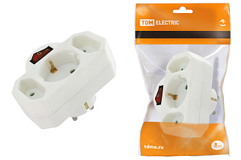 TDM Блок на 3 гнезда с выключателем с индикацией: 1x2П+3 16А+2х2П 2,5А под плоскую вилку 250B белый SQ1806-0202