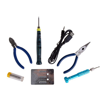 Набор для пайки (USB-паяльник 8Вт, кусачки, тонкогубцы, подставка, припой, отвертка) Rexant 12-0168