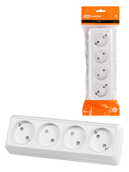 TDM Розетка 4-х местная горизонтальная 2П открытой установки IP20 10A с з/ш белая "Ладога" SQ1801-0129