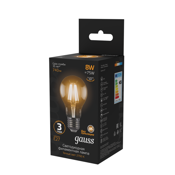 Купить Gauss Лампа Filament А60 8W 740lm 2700К Е27 LED 102802108
