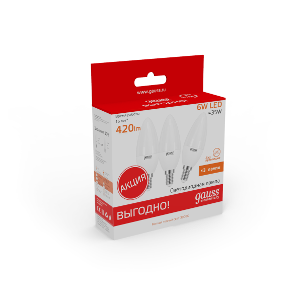 Купить Gauss Лампа Elementary Свеча 6W 420lm 3000K E14 (3 лампы в упаковке) LED 1/40 33116T