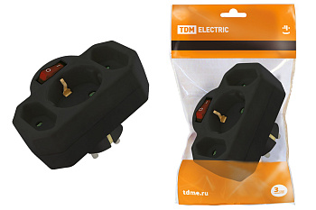 TDM Блок на 3 гнезда с выключателем с индикацией: 1x2П+3 16А+2х2П 2,5А под плоскую вилку 250B черный SQ1806-0302