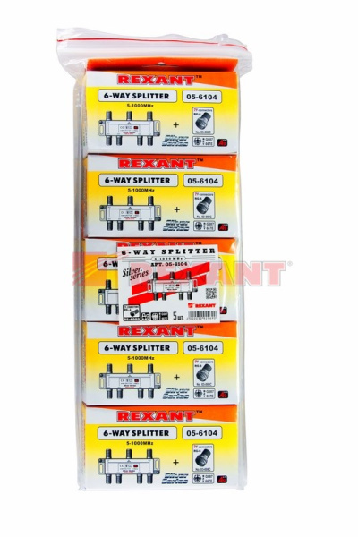 Купить Делитель ТВ "краб" x 6 + 7шт. F "BOX" 5-1000 МГц "Silver" Rexant 05-6104