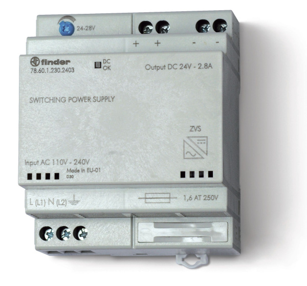 Finder Импульсный источник питания; вход 110...240В AC; выход 24В DC, 60Вт; модульный, ширина 70мм; предохранитель входой цепи; настройка выходного на 786112302403PAS