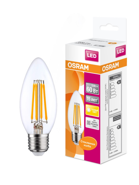 Купить Osram Светодиодная филаментная лампа LED STAR Classic B 5W (замена 60Вт),теплый белый свет, прозрачная колба, Е27 4058075212398