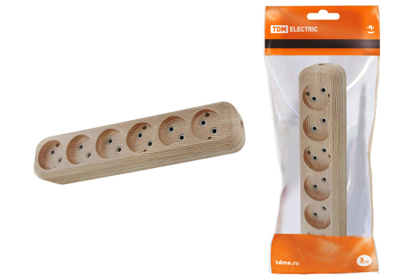 TDM Колодка розеточная 6 гнезд 2П б/з 10А 250В "Эко" (сосна) SQ1806-0056