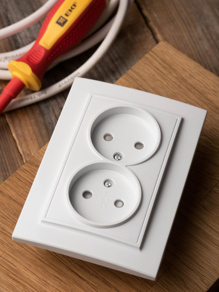 Купить EKF Basic Минск Белый Розетка 2-ая, б/з, со шторками, 10А, СП