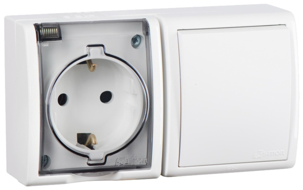 Simon 15 Aqua Белый Блок: Розетка 2P+E Schuko 16А 250В + выключатель 10А 250В, IP54 1594511-030