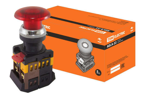 TDM Кнопка AELA-22 "Грибок" красный d22мм неон/230В 1з+1р SQ0704-0013