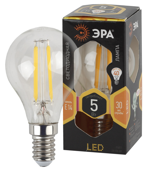 ЭРА F-LED P45-5W-827-E14 (филамент, шар, 5Вт, тепл, E14)