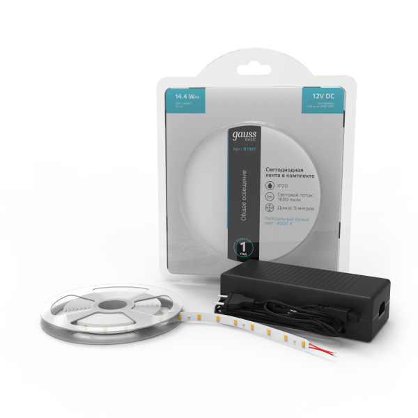 Купить Gauss  Лента Basic в комплекте LED 2835/240 12V 14,4W/m 1600lm/m 4000K 10mm IP20 5m 1/50 BT087