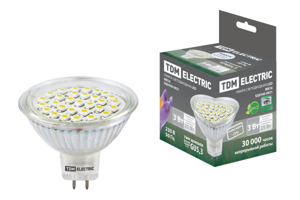 TDM Лампа светодиодная MR16-3 Вт-220 В -4000 К–GU 5,3 SMD SQ0340-0021