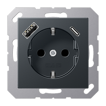 JUNG SCHUKO Матовый антрацит, Розетка с USB-зарядным устройством, тип A + тип С; термопласт A1520-15CAANM