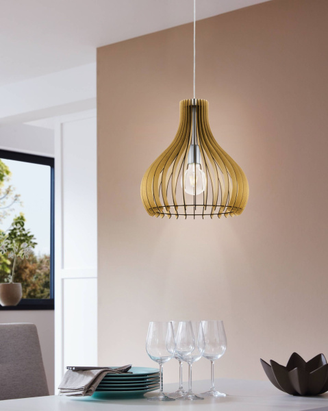 Купить Eglo Подвес TINDORI, 1х60W(E27), Ø380, сталь, никель матовый/дерево, клен 96258