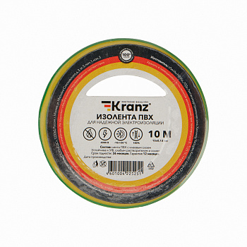 Kranz Изолента ПВХ 0.13х15 мм, 10 м, желто-зеленая (10 шт./уп.) KR-09-2007