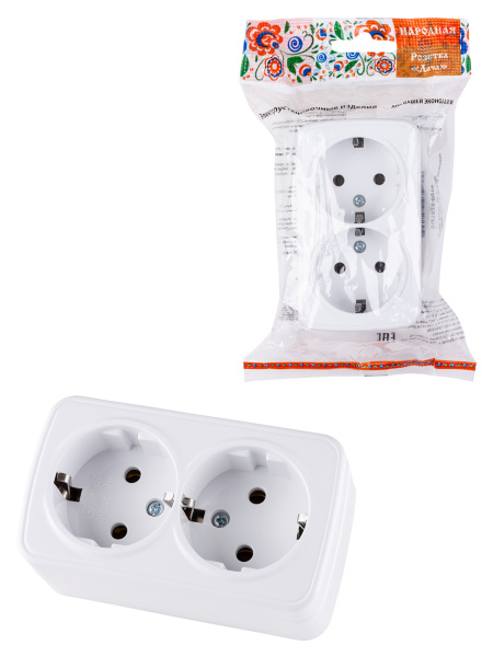 TDM Розетка двойная 2П+3 открытой установки IP20 16А, белая "Дача" Народная SQ1824-0010