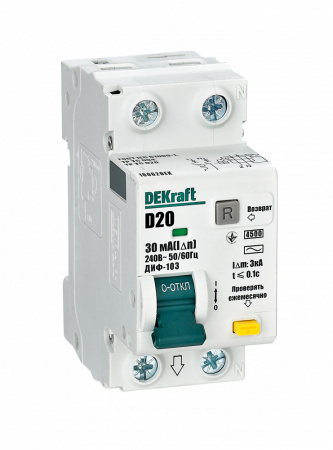 Dekraft Дифференциальный автомат (АВДТ) 1Р+N 20А 30мА тип AC х-ка D ДИФ-103 4.5кА