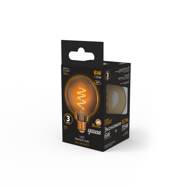 Купить Gauss Лампа Filament G95 6W 360lm 2400К Е27 golden flexible LED 105802007