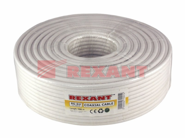 Купить Кабель RG-6U+CU, (64%), 75 Ом, 100м., белый Rexant 01-2221