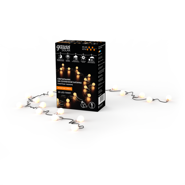 Купить Gauss Гирлянда садовая на солнечной батарее 30 LED ламп Шары Белый свет Solar, 1/24 GS032