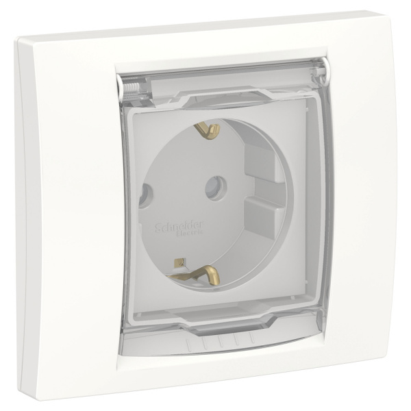 SE Unica New Белый Розетка с/з со шторками, с крышкой, IP44, в сборе с рамкой NU003718
