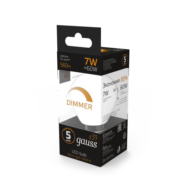 Купить Gauss Лампа Шар 7W 560lm 3000К Е27 диммируемая LED 105102107-D