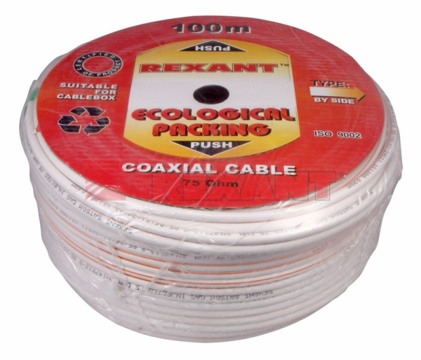 Купить Кабель SAT 50 M, Cu/Al/Cu, (75%), 75 Ом, 100м., белый Rexant 01-2401