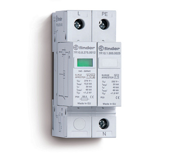 Finder Устройство защиты от импульсных перенапряжений УЗИП тип 1 (1 варистор + 1 искровый разрядник); модульный, ширина 35мм; степень защиты IP20 7P1282751012
