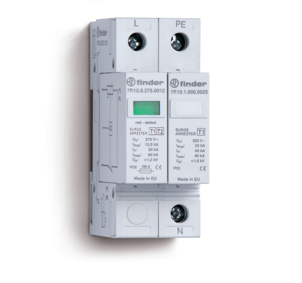 Finder Устройство защиты от импульсных перенапряжений УЗИП тип 1 (1 варистор + 1 искровый разрядник); модульный, ширина 35мм; степень защиты IP20 7P1282751012
