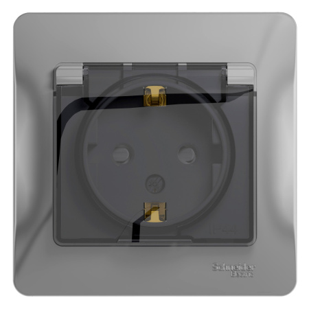 Systeme Electric Glossa Алюминий Розетка с/з со шторками с крышкой, IP44 (в сборе с рамкой)