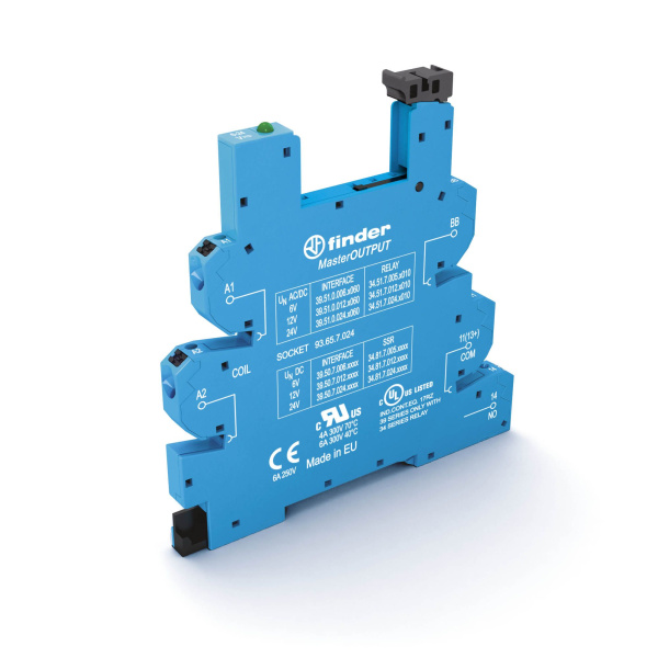 Finder Розетка MasterOUTPUT с безвинтовыми клеммами Push-in для реле 34 серии; питание 24В DC; в комплекте пластиковая клипса; опции: LED 93657024