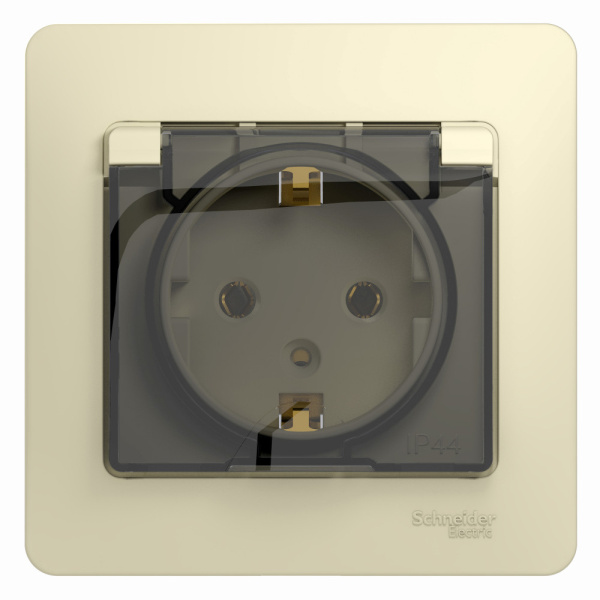 Systeme Electric Glossa Беж Розетка с/з со шторками с крышкой, IP20 (в сборе с рамкой)