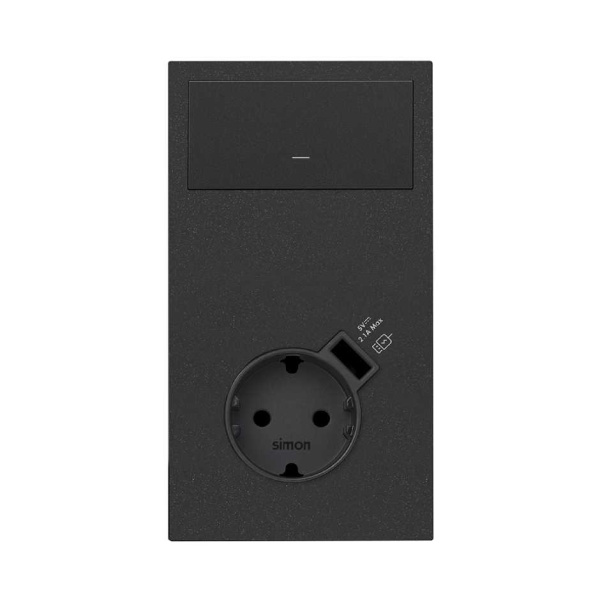 Simon 100 Черный матовый Кит 2 поста, фронт. Накладка вертикальная на 1 розетку Schuko с з/у USB SC + 1 клавиша выключателя 10020216-238