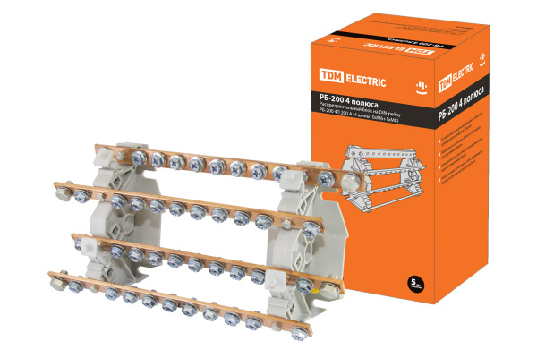 TDM Распределительный блок на DIN-рейку РБ-200 4П 200А (4 шины 10xM6+1хM8) SQ0823-0008