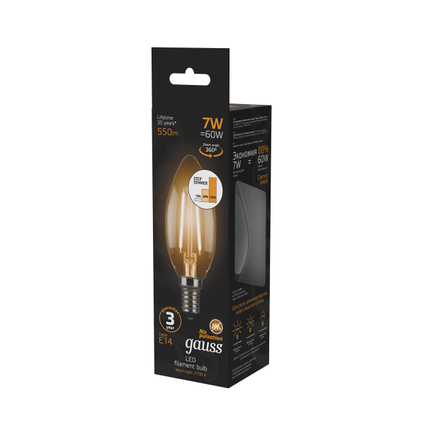 Купить Gauss Лампа Filament Свеча 7W 550lm 2700К Е14 шаг. диммирование LED 103801107-S