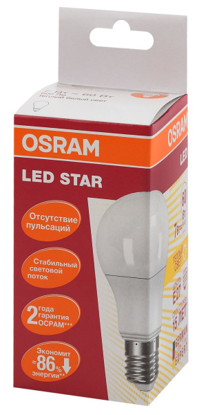 Купить Osram Светодиодная лампа LED STAR Classic A 7W (замена 60Вт),теплый белый свет, матовая колба, Е27 4058075096387