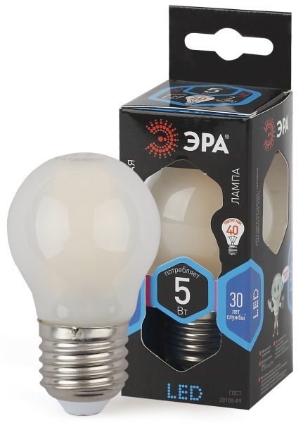 ЭРА F-LED P45-5W-840-E27 frost (филамент, шар мат., 5Вт, нейтр, E27)