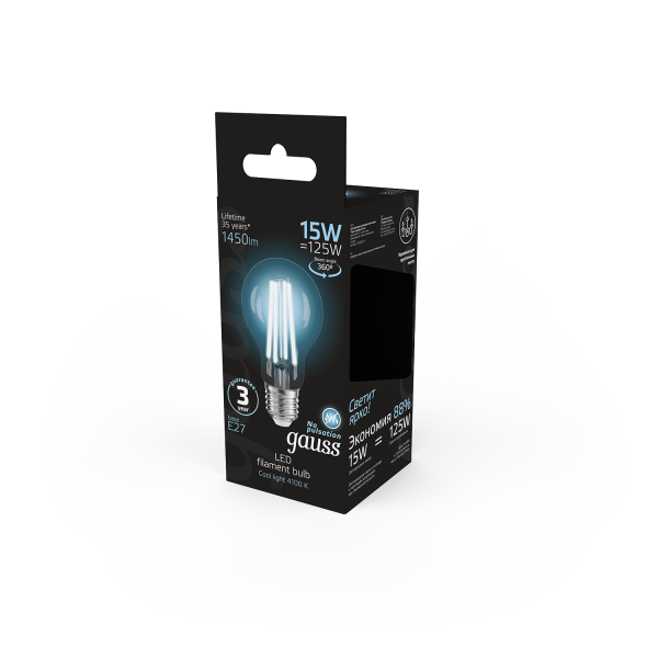 Купить Gauss Лампа Filament А60 15W 1450lm 4100К Е27 LED 102902215
