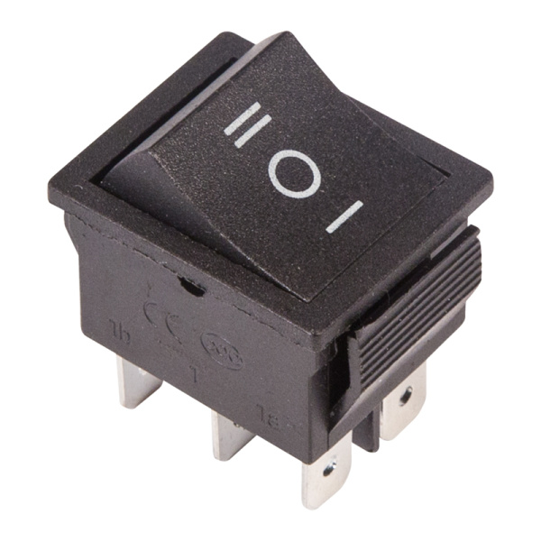 Выключатель клавишный 250V 15А (6с) ON-OFF-ON черный с нейтралью Rexant 36-2370