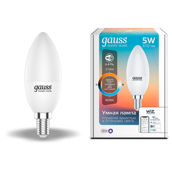 Gauss Лампа Smart Home С37 5W 470lm 2700-6500К Е14 изм.цвет.темп.+диммирование LED 1110112