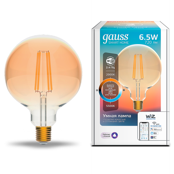 Gauss Лампа Smart Home Filament G95 6,5W 720lm 2000-5500К E27 изм.цвет.темпр.+диммирование LED 1340112
