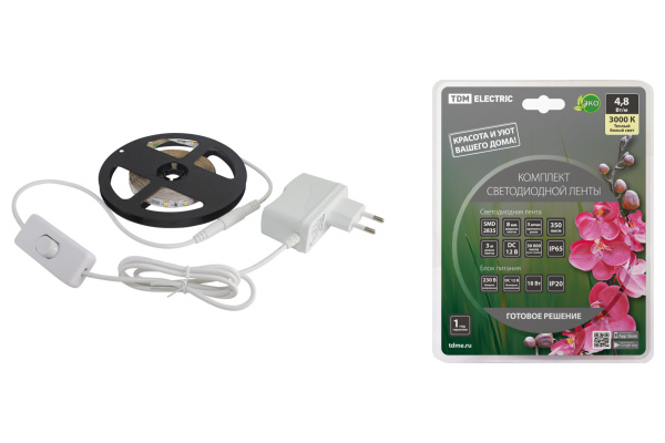 TDM Комплект светодиодной ленты SMD2835-60 LED/м-12 В-4,8 Вт/м-IP65-3000 К (3 м), 18 Вт SQ0331-0230