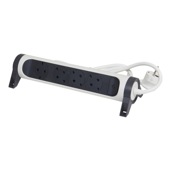 Legrand Revolution Комфорт Бело-черный Удлинитель 4x2К+З с выкл., кабель 3м, плоские розетки, фиксируемый поворотный блок 694536