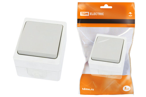 TDM Переключатель на 2 направления 1-кл. открытой установки IP54 10А серый "Вуокса" SQ1803-0003