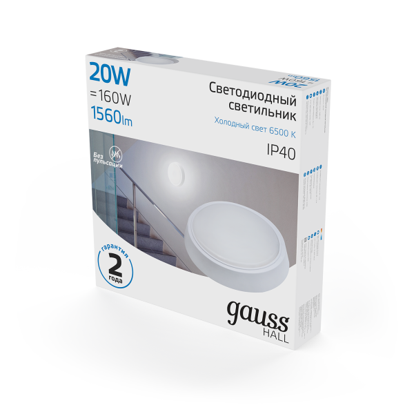Купить Gauss Светильник ЖКХ HALL круг 20W 1560lm 6500K 200-240V IP40 D180*33мм белый LED 193411320