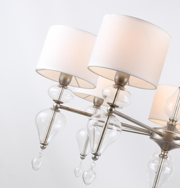 Купить Favourite подвесная люстра каркас цвета античное серебро, плафоны из белой ткани, декоративные элементы из прозрачного выдувного стекла 2554-7P