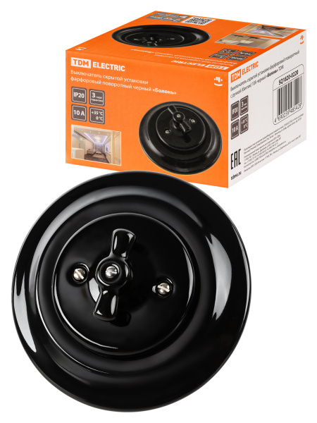 TDM Выключатель скрытой установки фарфоровый поворотный с ручкой (бантик) 10А черный «Болонь» SQ1820-0220