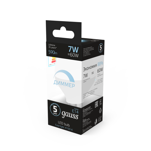 Купить Gauss Лампа Шар 7W 590lm 4100К Е14 диммируемая LED 105101207-D